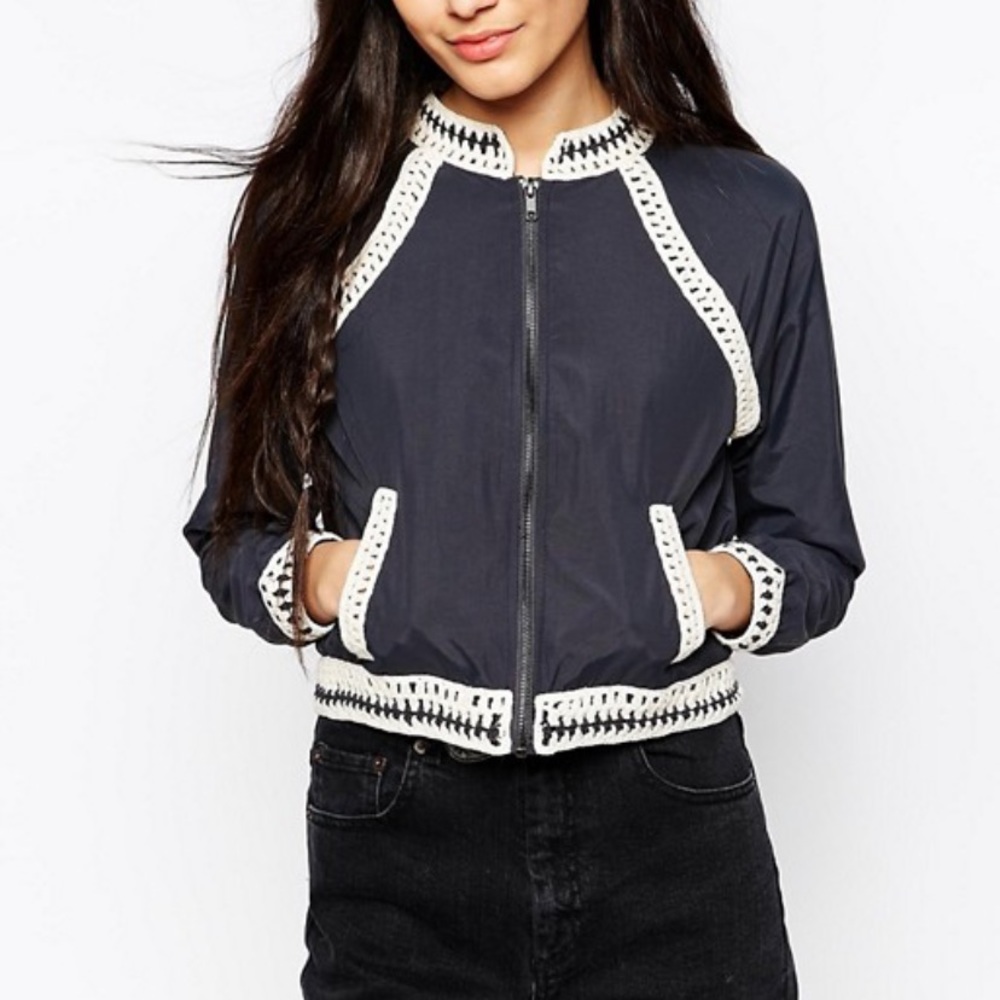 Free People Crochet baseball zip up Jacket